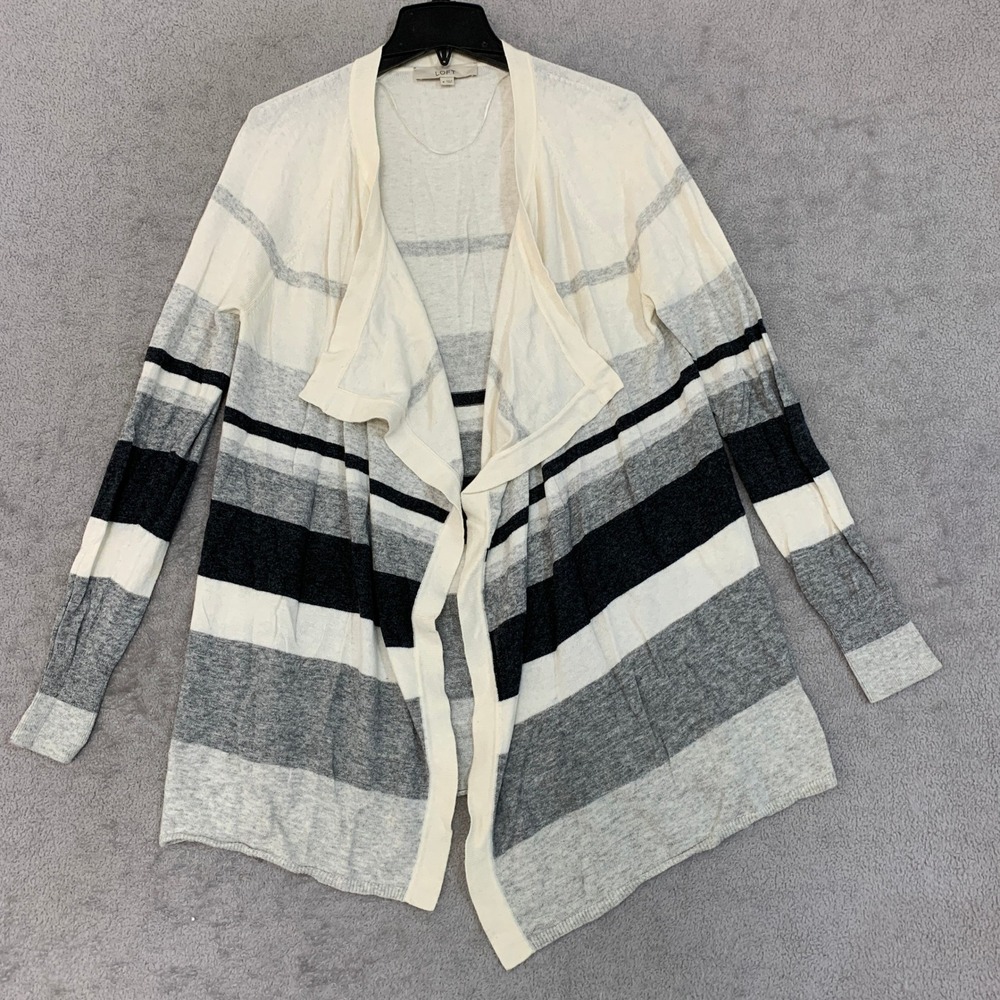 Loft Women's M Gray White Striped Open Front Cardigan Sweater Wool Blend